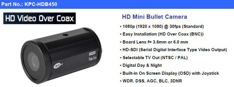 HD-SDI 1080P SECURITY BULLET CAMERA KT&C CO.KPC-HDB450 HI DEF 3.7mm Wide MP Lens