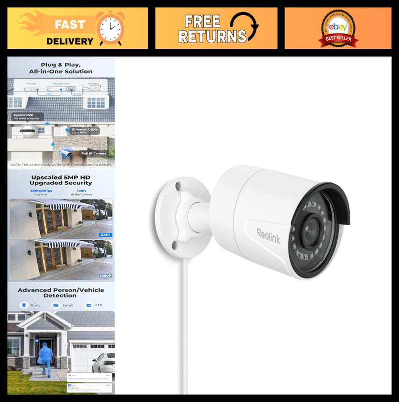 5MP PoE IP Security Camera – Person/Vehicle/Pet Detection, 100ft Night Vision, T