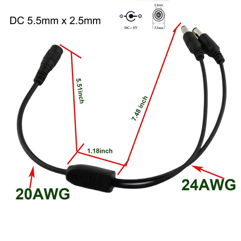 UpperFu 2pcs CCTV DC Power Splitter Cable 5.5mm x 2.5mm Female 1 foot, Black gallery