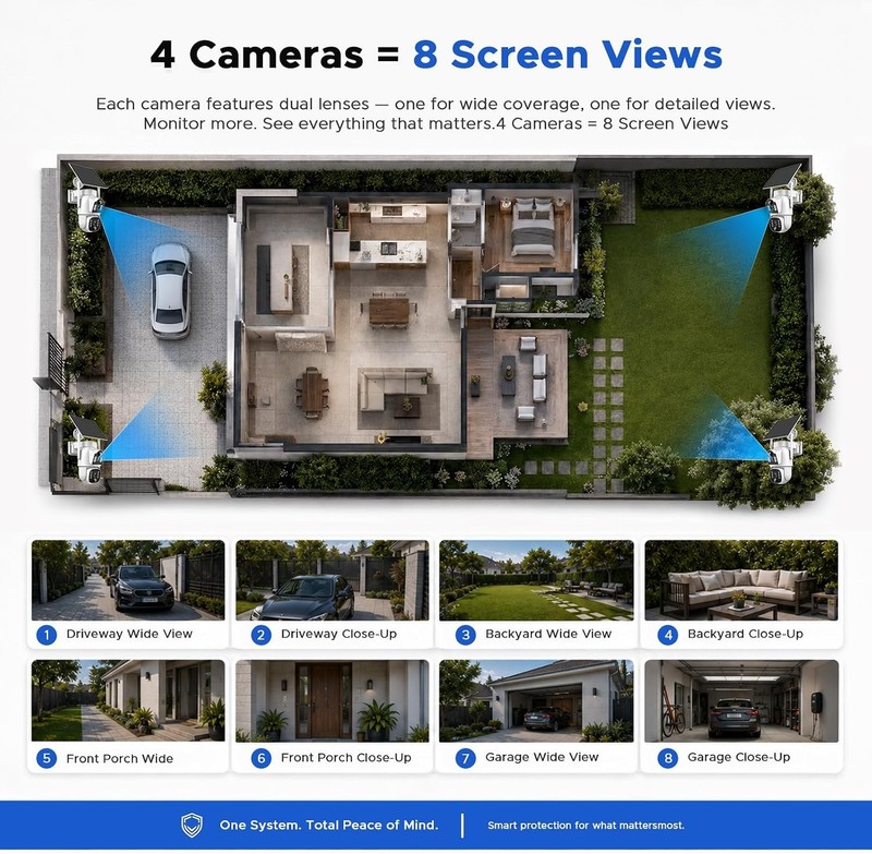 4MP Solar Powered Battery Camera Home Video Surveillance System Dual Lens 8-View gallery