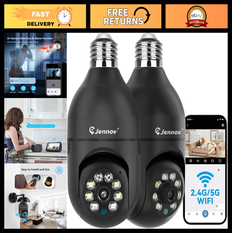 2K Wireless Light Bulb Security Camera – Indoor/Outdoor, Human Detection, 355° V