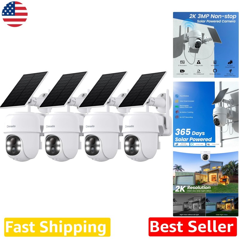 Wireless Security Cameras 4pk – 2K Solar Power, 360 PTZ, Alexa, Waterproof