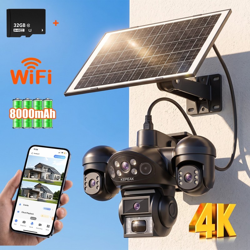 4K Camara de Seguridad Solar 9MP 3 Lentes Exterior WiFi PTZ Bateria V380 Pro