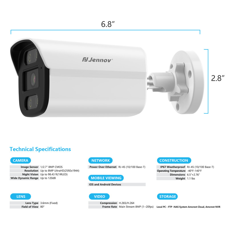 4K 8MP PoE Add-on Security Camera Outdoor Bullet Audio IR Night Vision Camera gallery