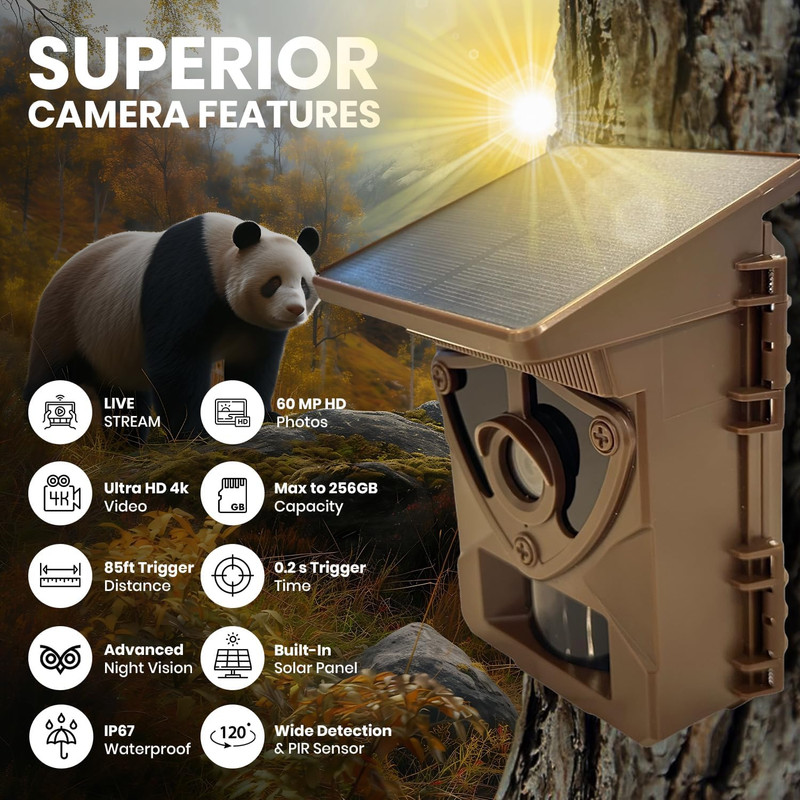 Solar Trail Camera Hunting Camera Game Surveillance 4k 64MP Video 2” TFT gallery