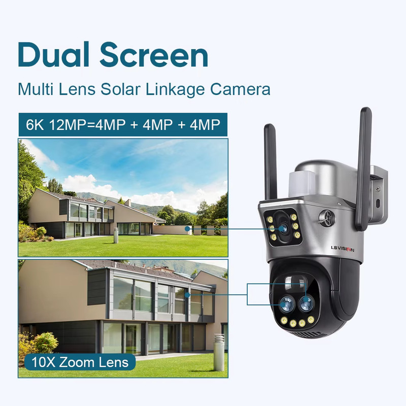 10X Zoom 4G Wifi Solar Camera Surveillance Outdoor 12MP Three Lens 360° PIR Moti gallery