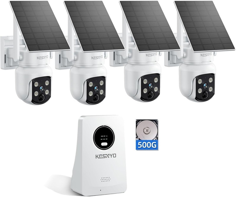 Kcsnyo 4MP Outdoor Solar Powered Home Security Cameras, 4 Cam kit 500G HDD