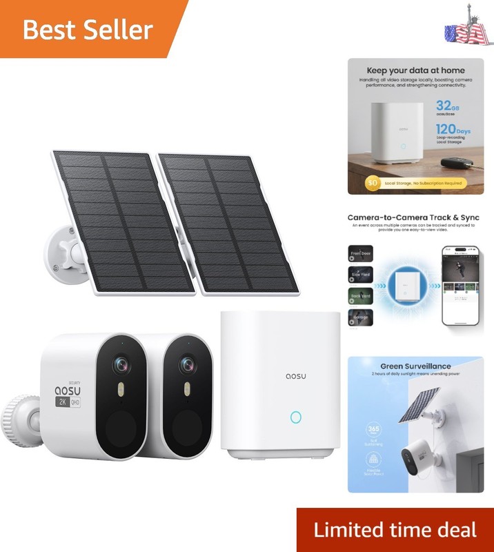 Solar Security Cameras Wireless Outdoor, 2-Cam Kit, 2K QHD Home Security Syst…