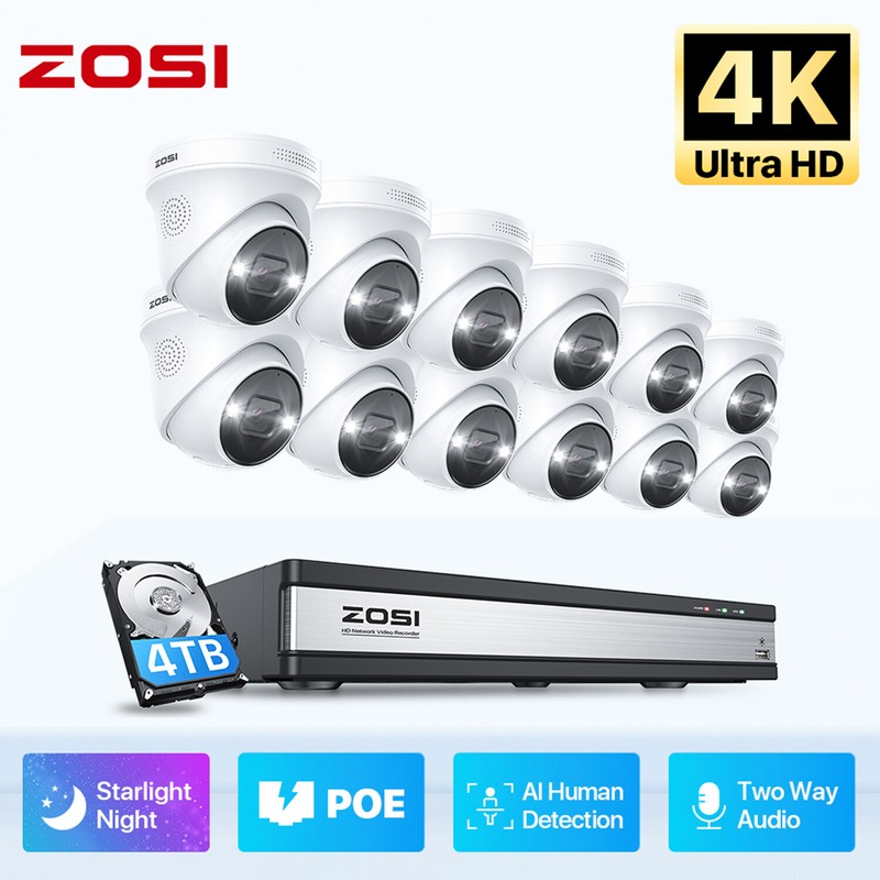 ZOSI 8MP Home PoE Security Camera System 16CH 4K 4TB NVR AI Color Night Vision