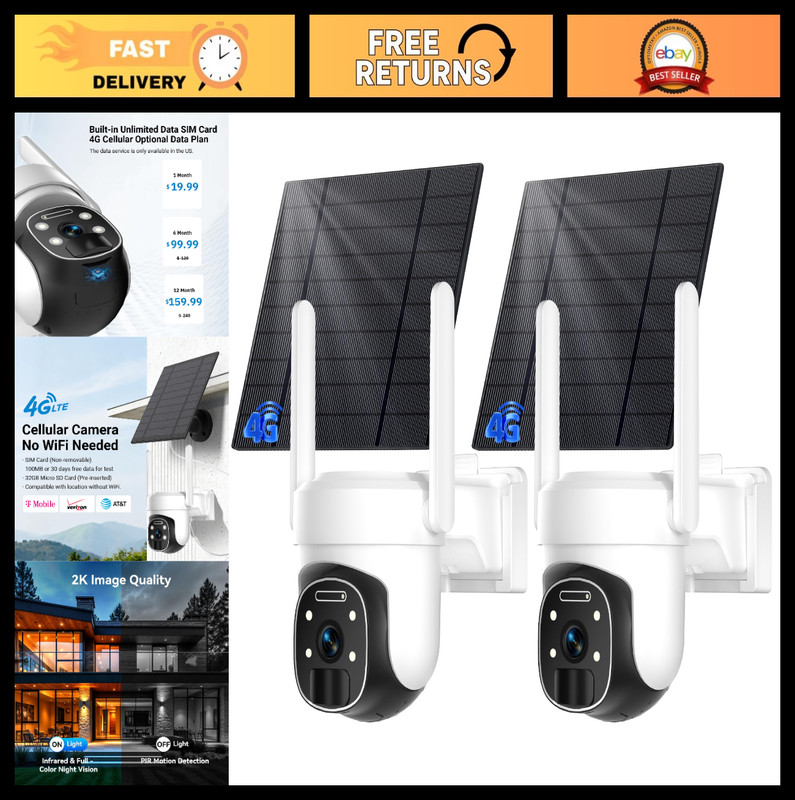 4G LTE Outdoor Security Camera – 2K Solar Wireless, Color Night Vision, 360° Vie