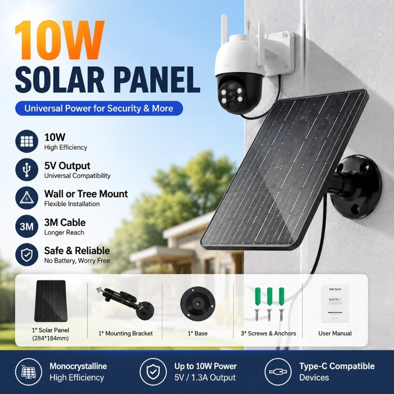 10W Solar Panel Charger for Security Camera 5V Type-C Cable Outdoor Wall Mount