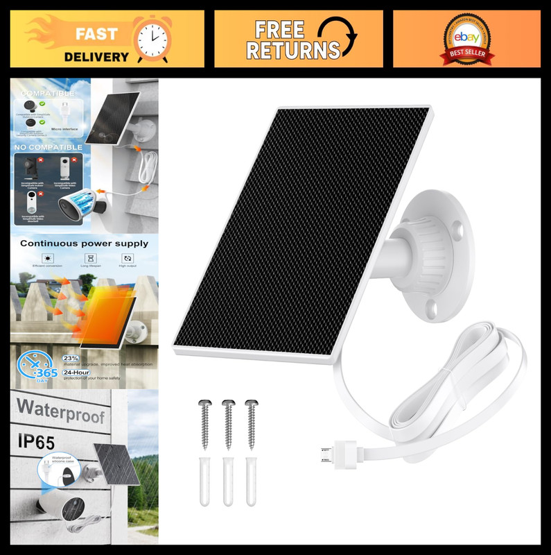 “Solar Panel for Outdoor Security Camera, IP65 Waterproof, 360° Adjustable, 13FT