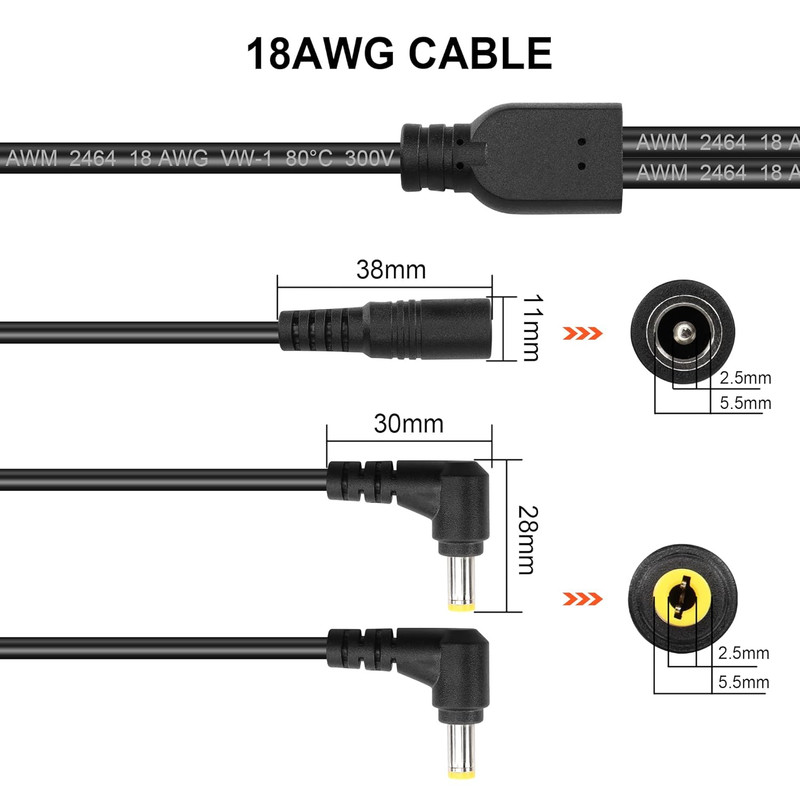 GINTOOYUN DC5525 Y-Splitter Cable 18AWG DC 5.5Mm X 2.5Mm Straight Female gallery