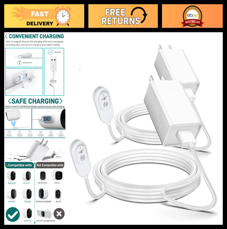 10FT Arlo Camera Charger 2 Pack – Compatible with Pro 5S, Pro 4, Ultra 2 & More,