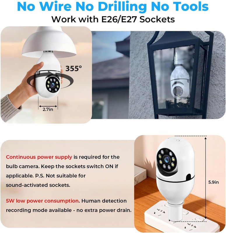 Light Bulb Security Camera, 5G&2.4Ghz 2K Security Cameras Wireless Outdoor 360° gallery
