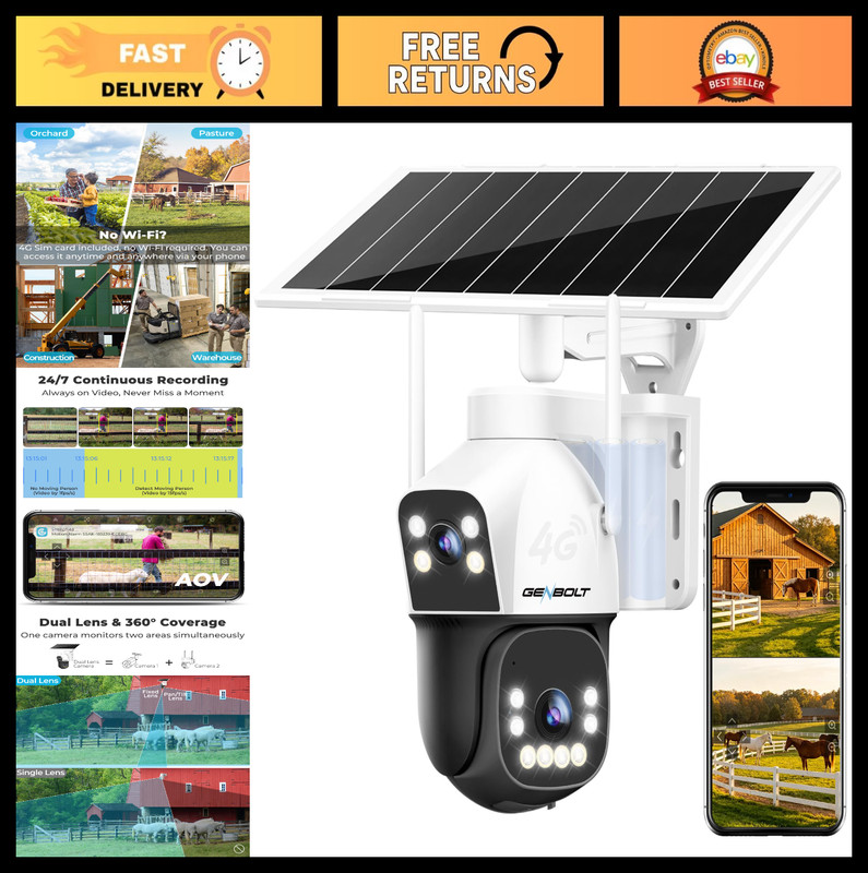 4G Solar Security Camera – Wireless Outdoor, 15600mAh, No WiFi, 24/7 Recording,