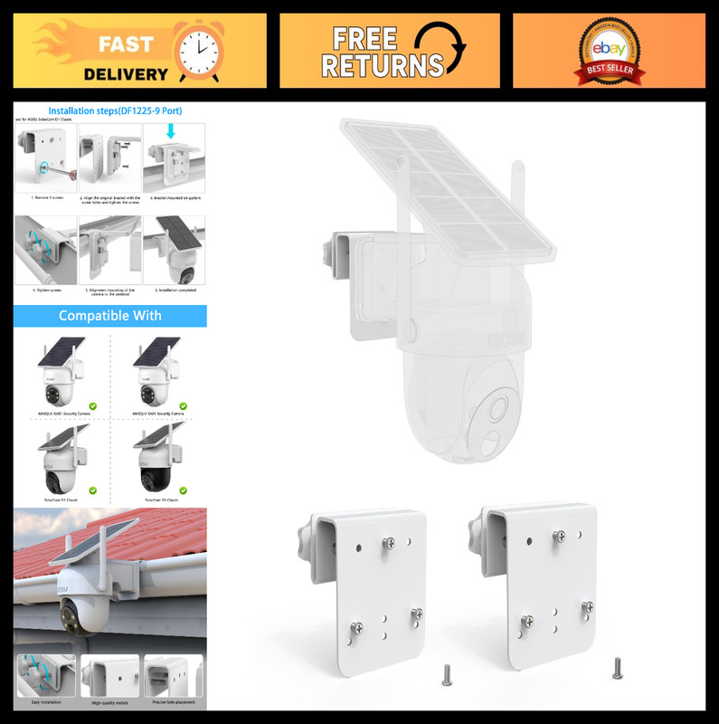 Solar Security Camera Gutter Mount – 2 Pack for Outdoor Wireless Cameras, White