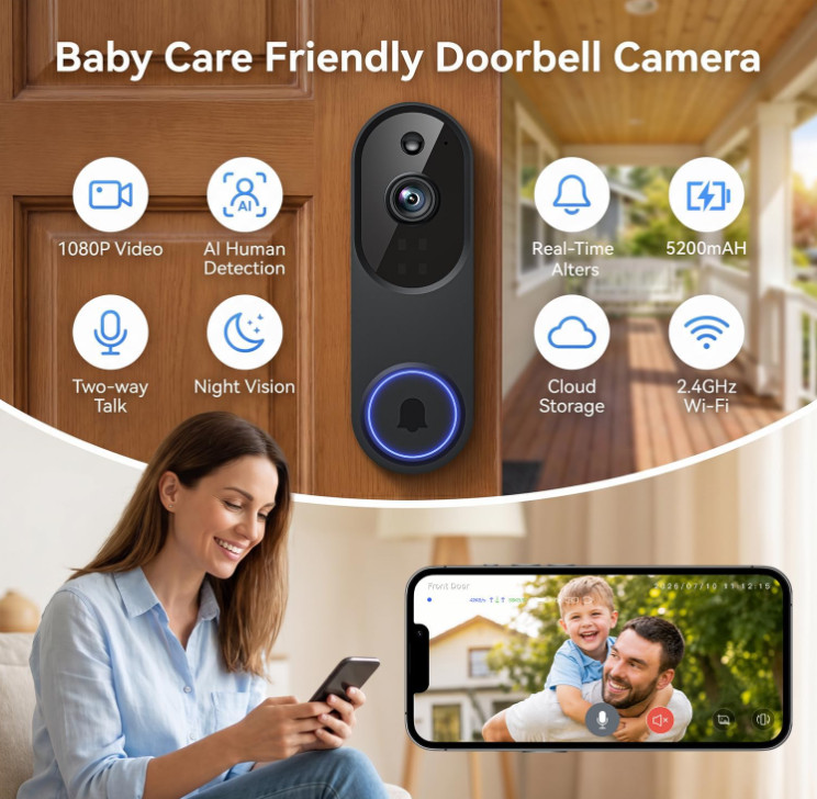 Videoportero WiFi 1080P Inalámbrico con Audio, Visión Nocturna y Detección IA gallery