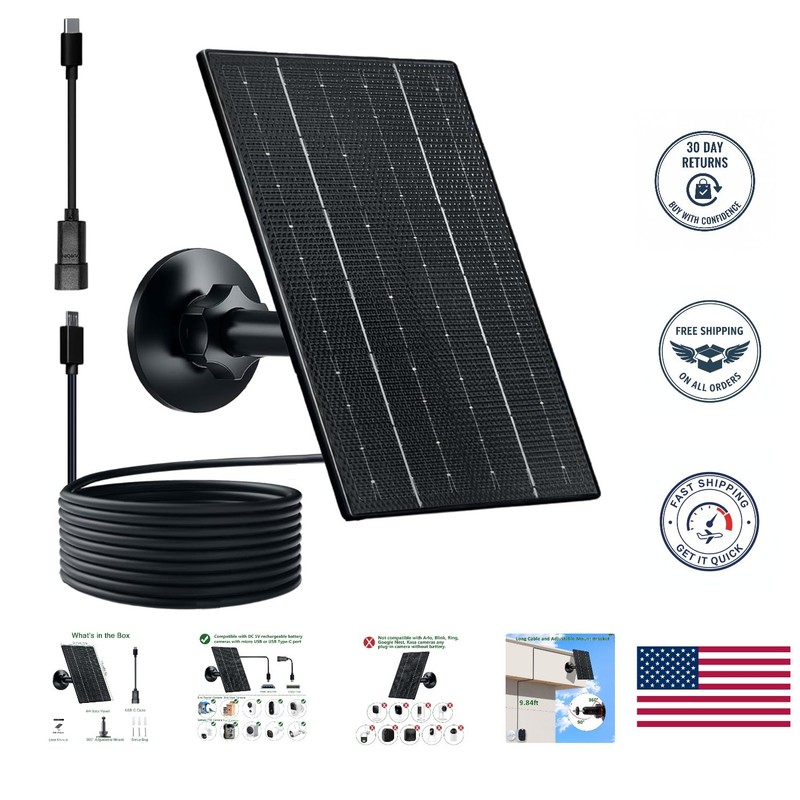 High Efficiency 4W Solar Panel for Outdoor Security Cameras – USB-C & Micro USB