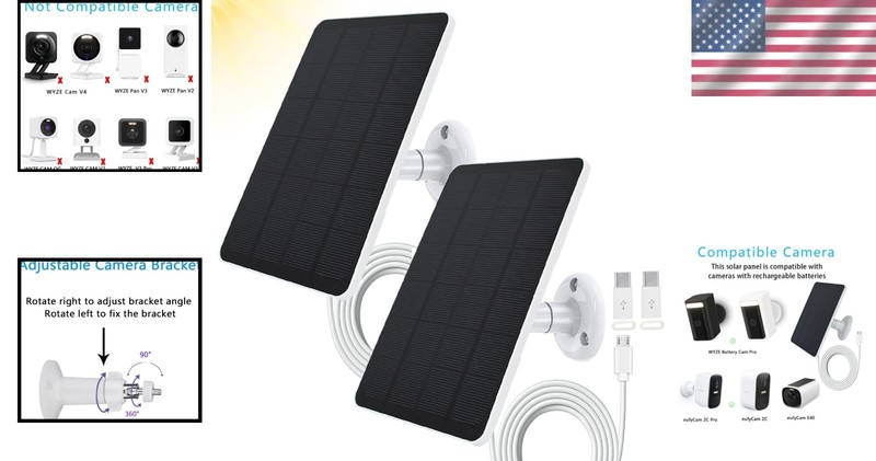 4W Solar Panel Kit with Type-C Adapter for Eufy and WYZE Cameras - Waterproof gallery