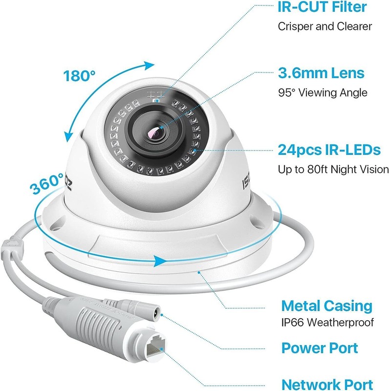 ZOSI 5MP 2PK POE Add-on Dome Camera with Etherent Cables IP66 Night Visoin Alert gallery