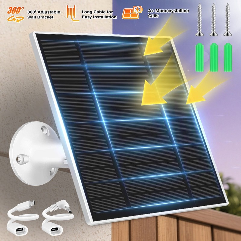 Solar Panel for Security Camera Micro USB/USB-C/DC Port Solar Panel Adjustable