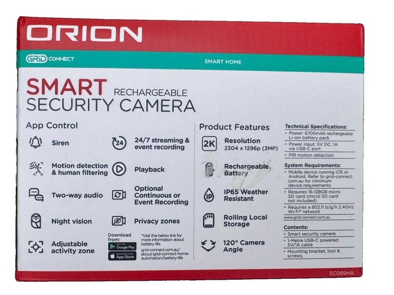 Orion SC089HA Grid Connect Smart Wireless 2K Rechargeable Security Camera IP65 N gallery