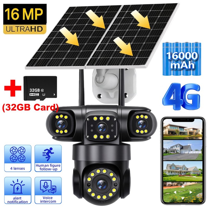 4 Lens Camara De Seguridad Solar 4G SIM Para Exterior Con Vision Nocturna Audio