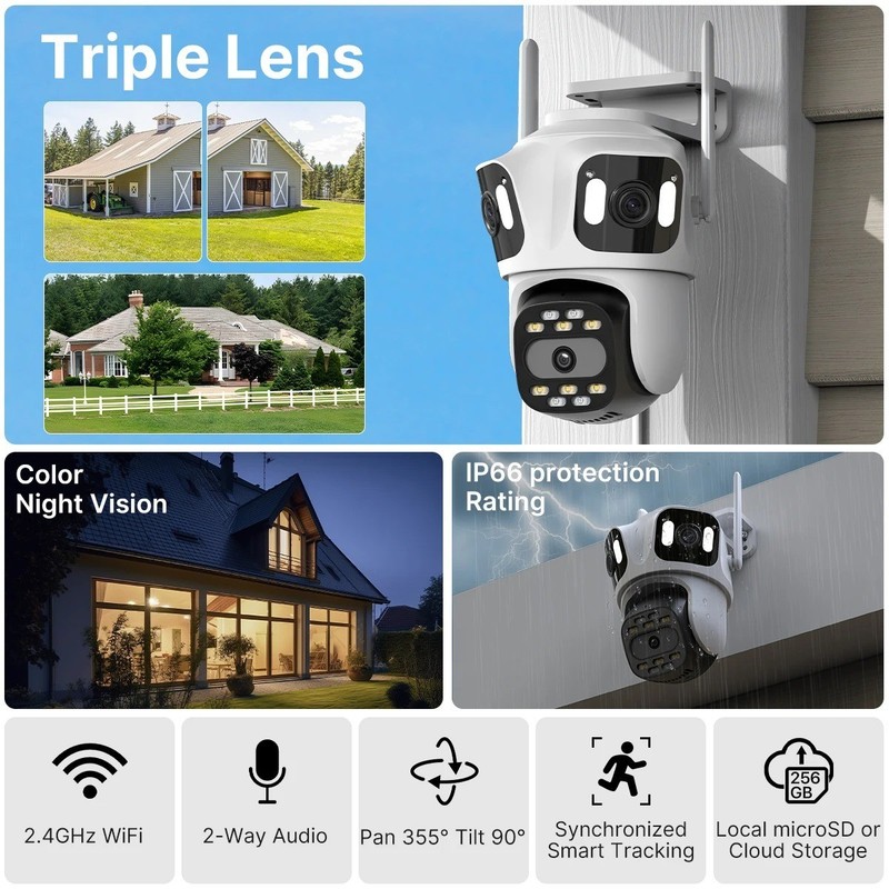 Triple Lens PTZ WiFi Security Camera Auto Tracking Color Night Vision IP66 gallery