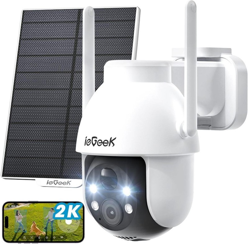 Outdoor Security Camera 2K Solar Powered 360° PTZ, Motion Detection Night Vision