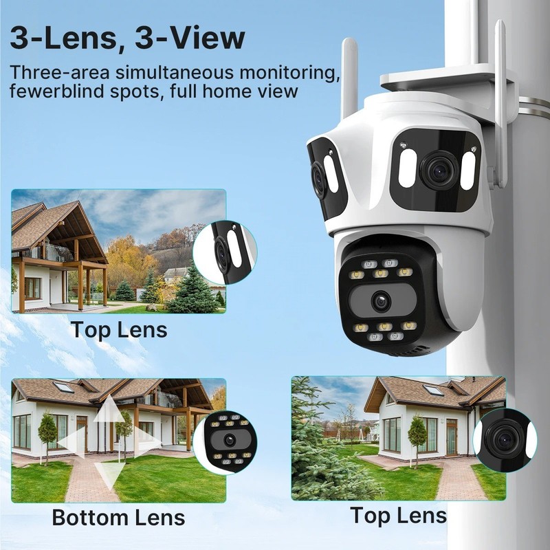 Triple Lens PTZ WiFi Security Camera Auto Tracking Color Night Vision IP66 gallery