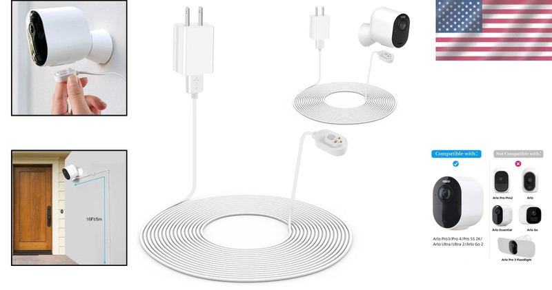 Outdoor & Indoor 2Pack Arlo Charger - 16ft Weatherproof Cable & Clips Included gallery