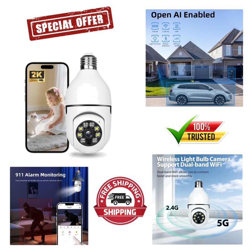 Indoor/Outdoor 2K Security Bulb Camera – Two-Way Audio & Emergency 911 Alerts