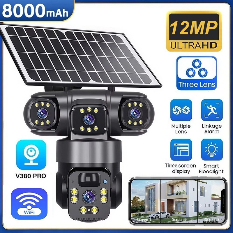 12MP 3 Lens Solar Battery Home Security Camera Outdoor Wifi Wireless PTZ CCTV US gallery