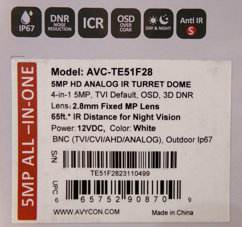 Avycon AVC-TE51F28, 5MP HD Analog IR Turret Outdoor Dome Camera, White, New S4 gallery