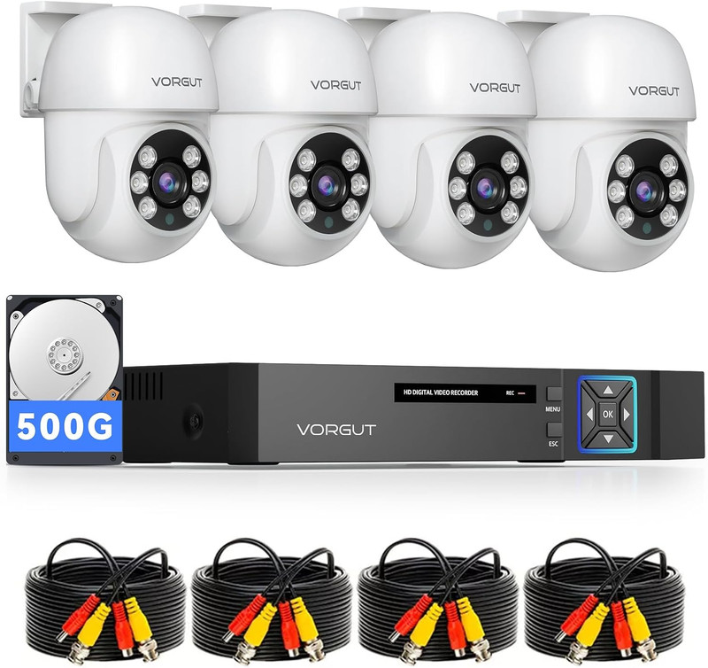 Wired Security Camera System Outdoor, 4Pcs Pan/Tilt CCTV Cameras and 4CH 5MP Lit gallery