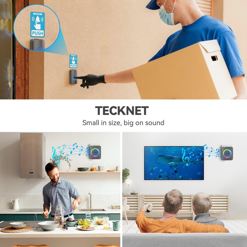 TECKNET Wireless Doorbell with 2 Plug-In 1 button & 2 plug-in receivers, Grey gallery