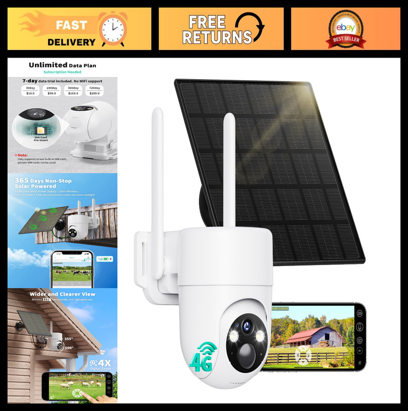 4G LTE Solar Security Camera – No WiFi, 360° Live View, 2K Night Vision, Wireles