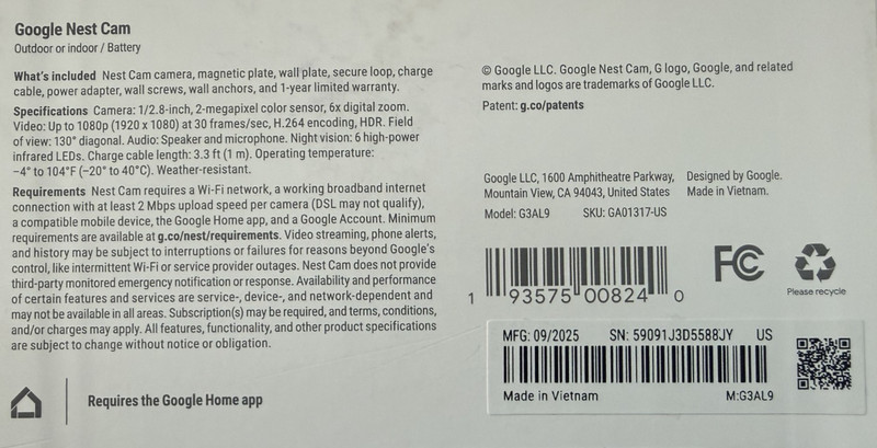 Google Nest Cam (G3AL9) Indoor/Outdoor/battery 1pack - Brand New in Box gallery
