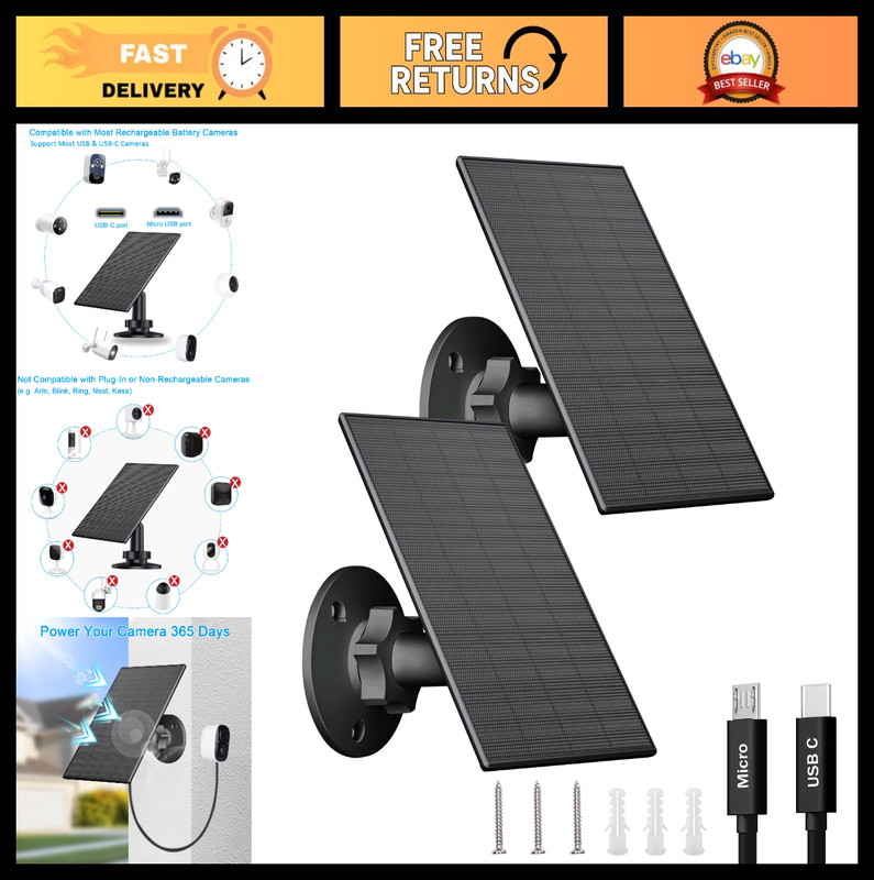 2W Solar Panel for Outdoor Security Cameras, USB/Type-C Charger, IP65 Waterproof