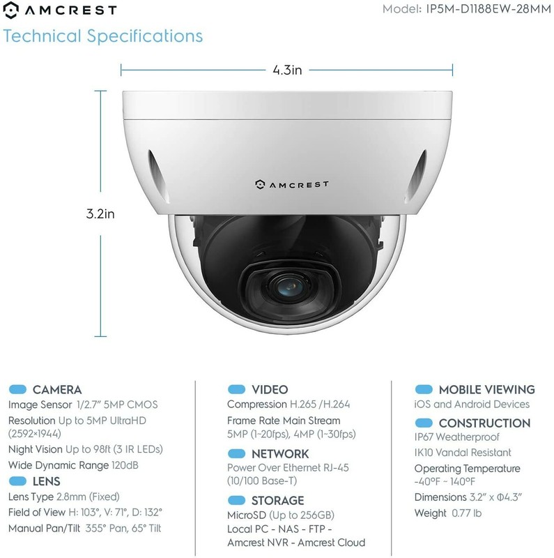Amcrest 5MP IP Camera POE Security Vandal Dome IP5M-D1188EW-28MM 2.8mm Warranty gallery