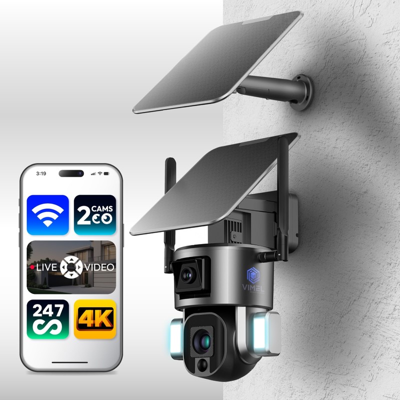 Home Security Camera 4K Dual Cam WiFi 24/7 Recording Dual Solar Battery Powered