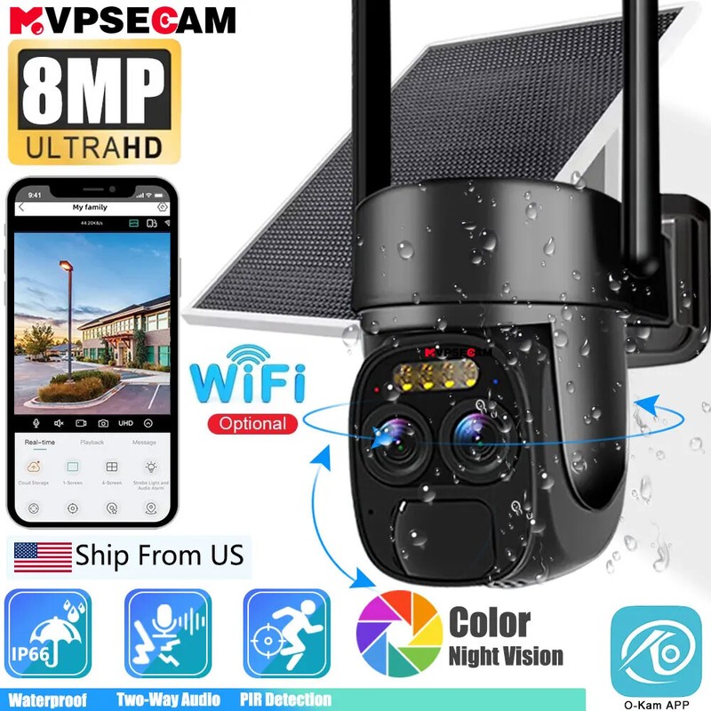 4K 8MP WIFI Solar Panel Camera Outdoor Audio Color Night Vision Security Camera
