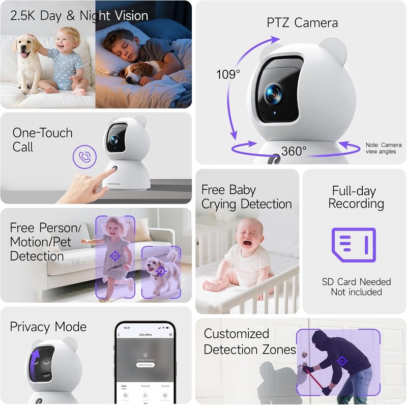 2.5K Indoor Camera 2 Pack Free AI Pet Cry Detection Pan Tilt gallery