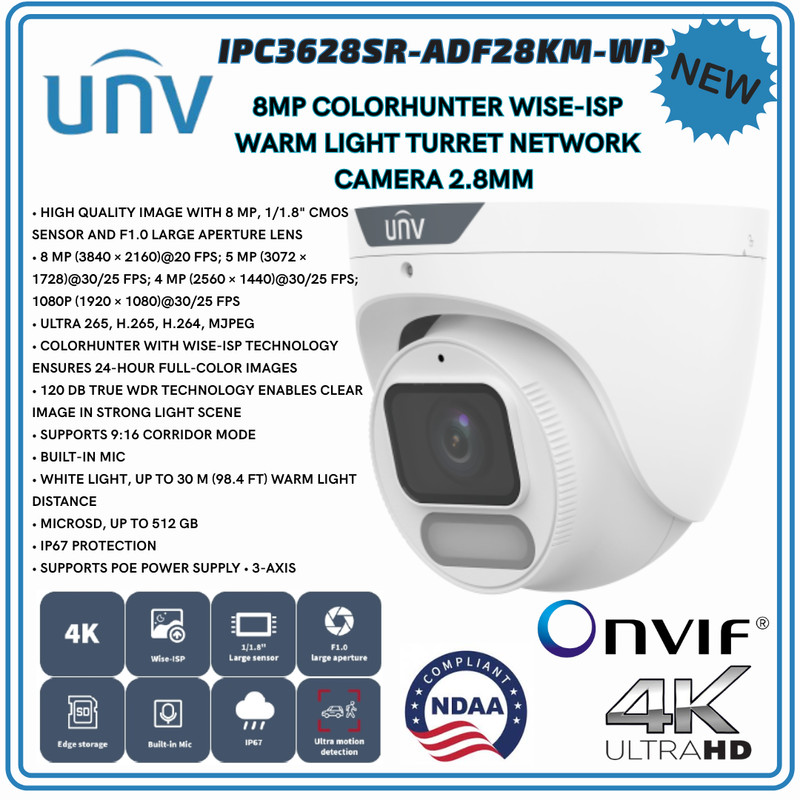 Uniview IPC3628SR-ADF28KM-WP 8MP OwlView Wise-ISP IP Turret Camera 2.8mm