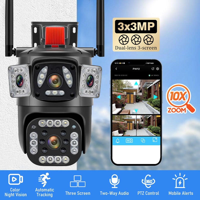360° WiFi Camera Wireless 10X Zoom Three Lens Security Protection Surveillance*