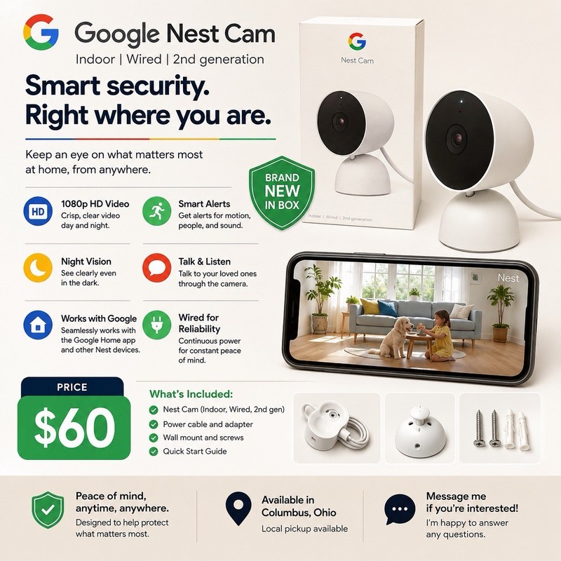 Google Nest Cam Indoor Wired 2nd Gen 1080p Wi‑Fi Night Vision USB White