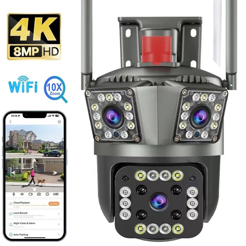 9MP IP WiFi 360° 10X Zoom 3 Lens 3 Screens Security Camera System Outdoor USA
