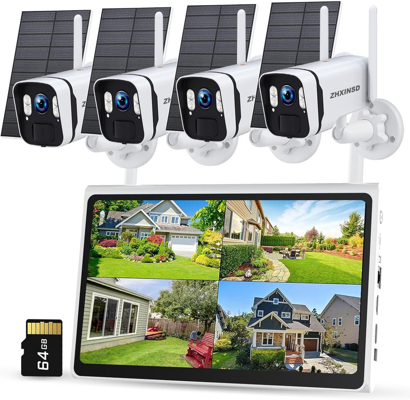 4MP Solar Powered Security Camera Outdoor Wireless System with 10″ Monitor, 5G/2