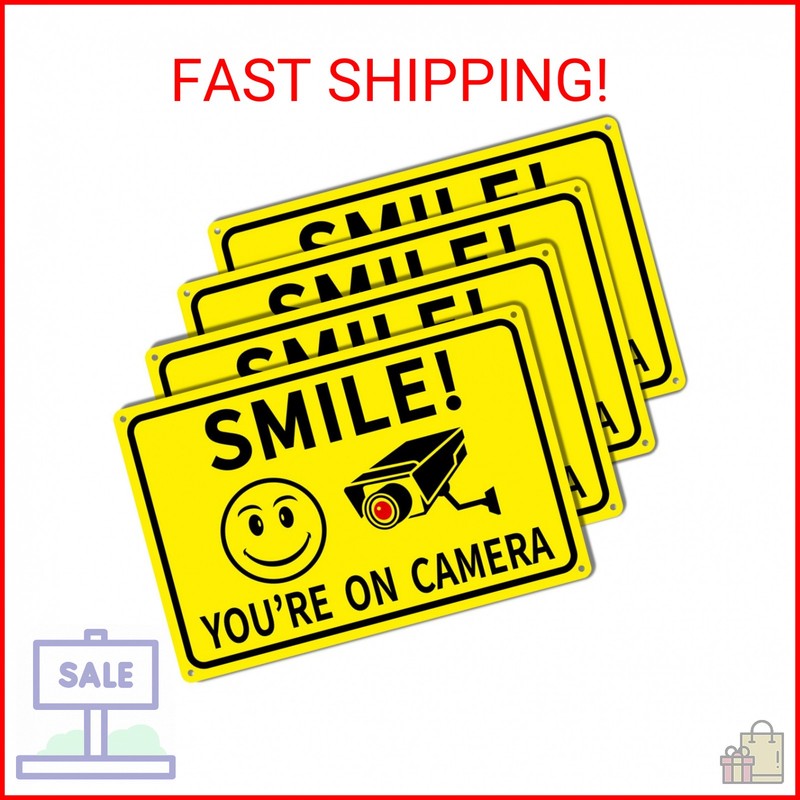4-Pack Smile You’re On Camera Signs 8″x12″ Rust Free Aluminum Video Surveillance